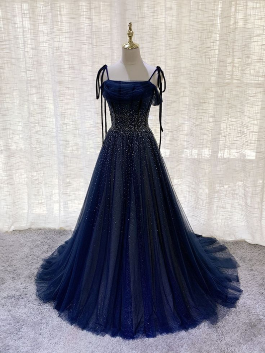 Navy Blue Tulle Beaded Long Prom Dress Evening Dress SH909