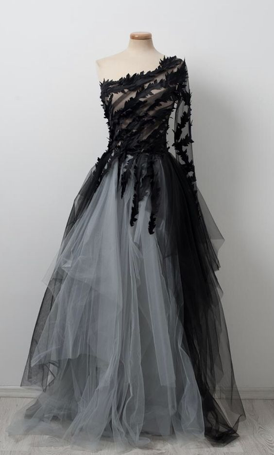 Black One Shoulder Tulle Long Prom Dress Evening Dress  SH1040