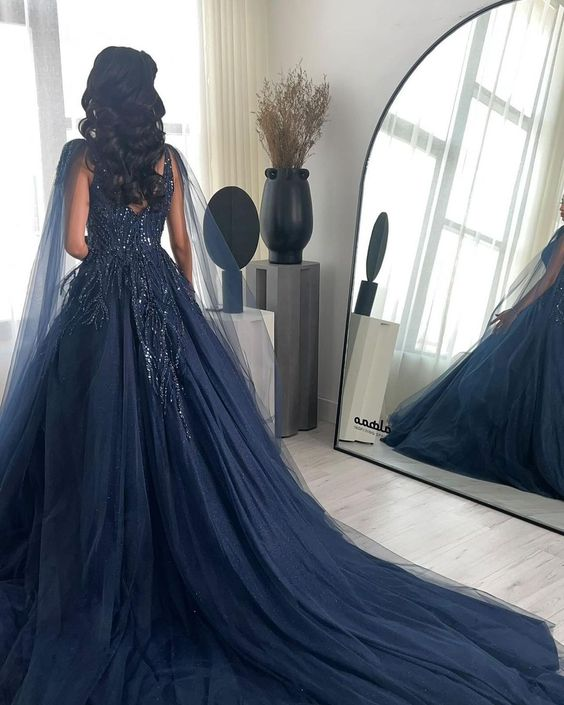 Glitter Navy Blue Square Neck Tulle Long Prom Dress Ball Gown Quinceanera Dress SH916