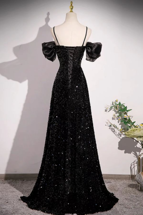 Black Off Shoulder Sequin Long Prom Dress Evening Dress With Bow Knot SH1047