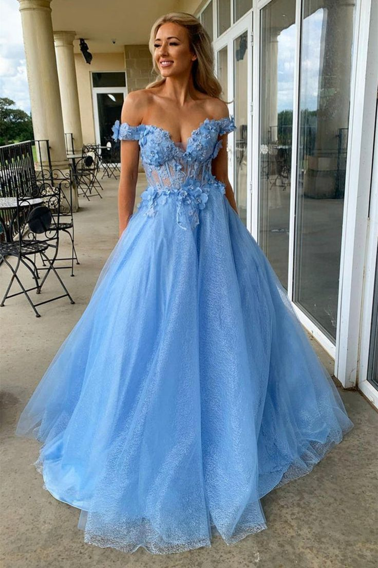 Beautiful Tulle Off the Shoulder Lace Floral Long Prom Dresses, Blue Formal Evening Dresses SH852