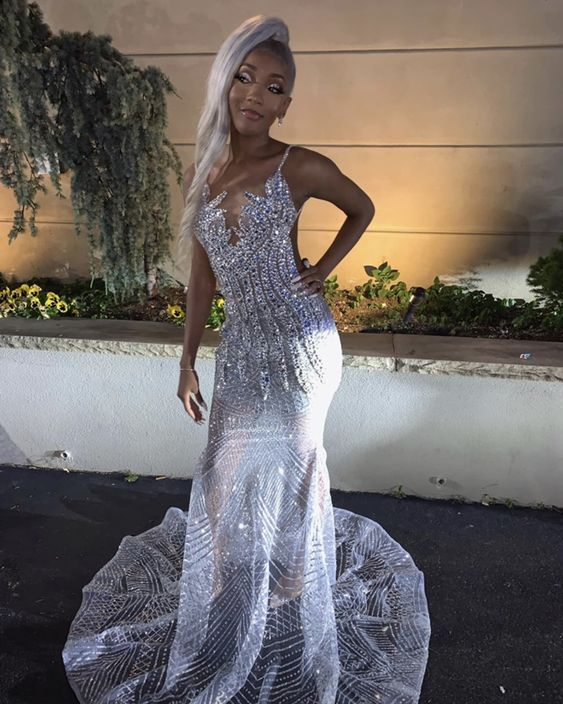 Spaghetti Straps Beaded Sequin Mermaid Evening Dress Silver Prom Dress SH984