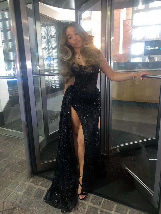 Sexy Black Lace Sequin Slit Long Prom Dress Mermaid Evening Dress SH1451