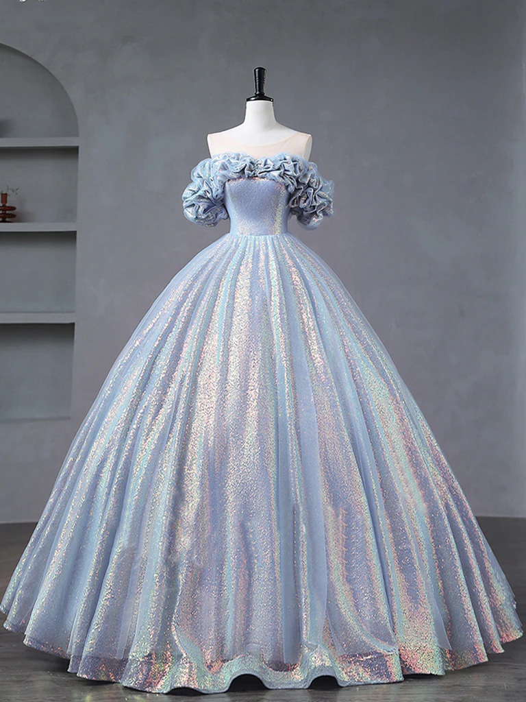 Off Shoulder Tulle Sequin Long Prom Dress Formal Quinceanera Dress Ball Gown  SH1325