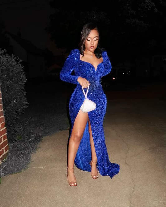 Royal Blue Sequin Long Sleeves Prom Dress Sexy Slit  Party Dress SH835