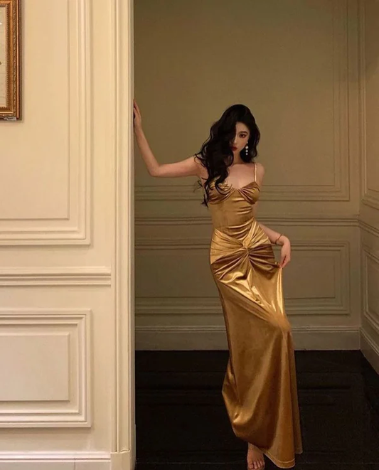 French Gold Velvet Slip Mermaid Prom Dress Long Evening Dress SH1429