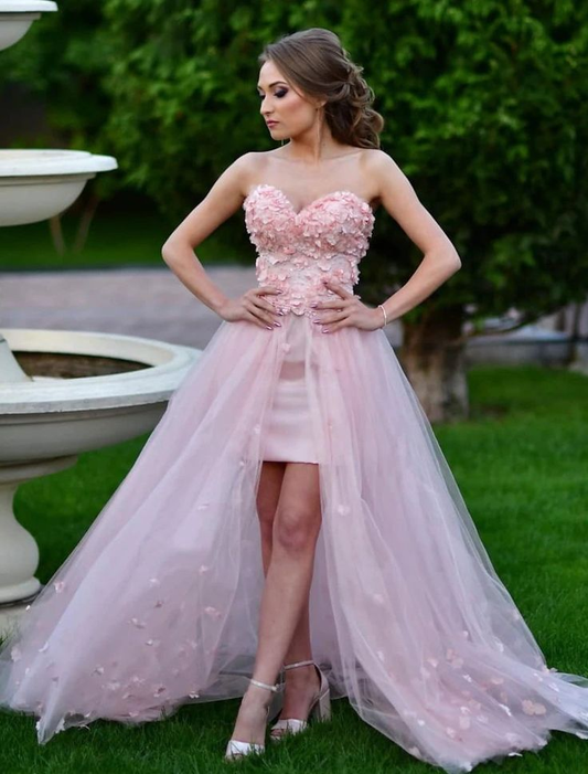 Beautiful Pink Sweetheart Tulle Prom Dress Long Party Dress With Applique SH701