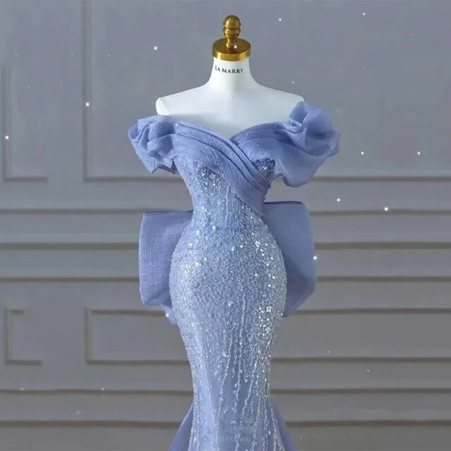 Sparkly Blue Prom Dress With Bow Sequins Off The Shoulder Mermaid Evening Gown SH1332