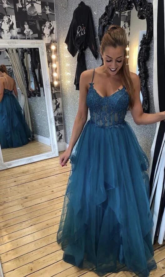 Blue Tulle Lace Appliques Long Prom Dress Evening Dress SH1114