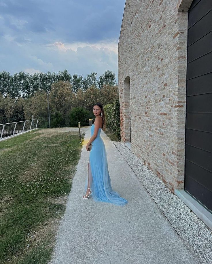 Blue Elegant Slit Prom Dress Long Strapless Evening Dress SH746
