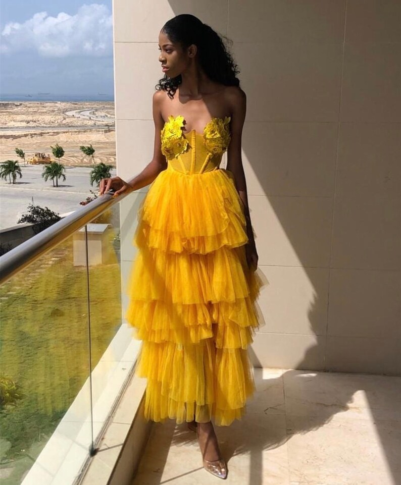 Unique Yellow Strapless  Layered Tulle Long Prom Dress  SH722