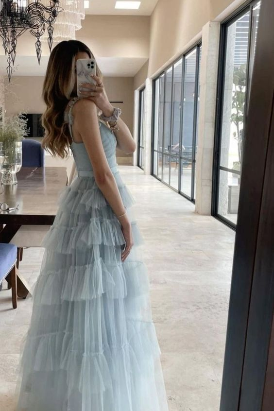 Light Blue Tulle Layered Long Prom Dress Elegant Evening Dress SH1094