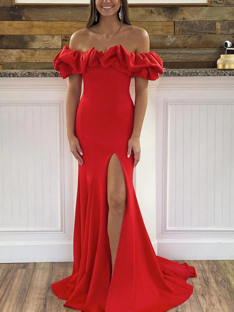 Fashion Red Off The Shoulder Mermaid Prom Dress,Slit Satin Evening Dress SH841