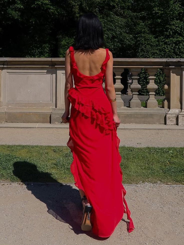 Red Chiffon Prom Dress Long Ruffle Party Dress Evening Dress SH895