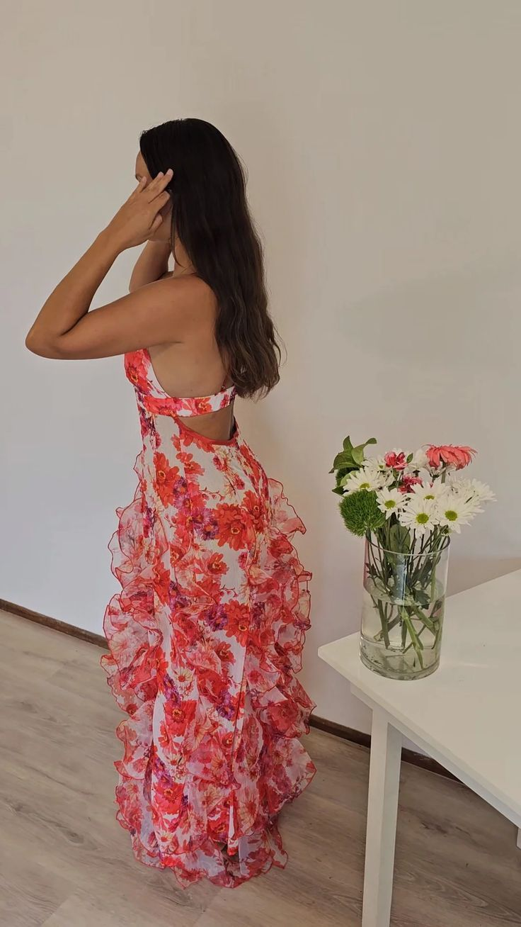 Spaghetti Straps Chiffon Ruffles Print Floral A-Line Long Party Dress  Prom Dress SH1488