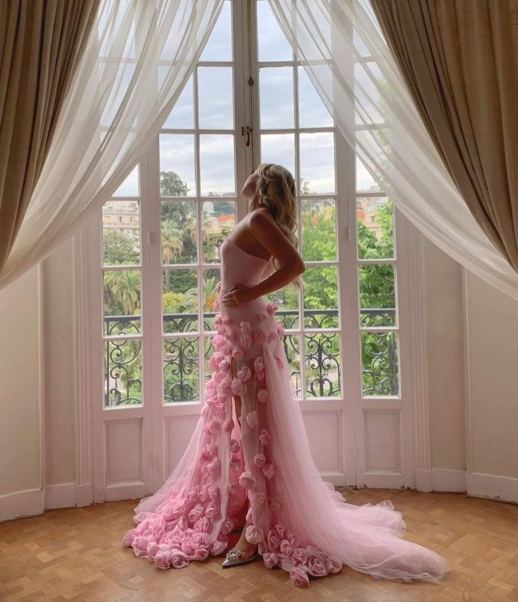 Charming Pink Strapless High Slit Flower Prom Dress SH717
