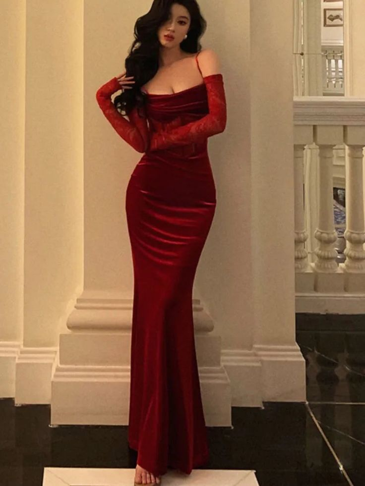 Sexy Bodycon Velvet Lace Red Evening Party Dress Spaghetti Straps Mermaid Prom Dress  SH1427