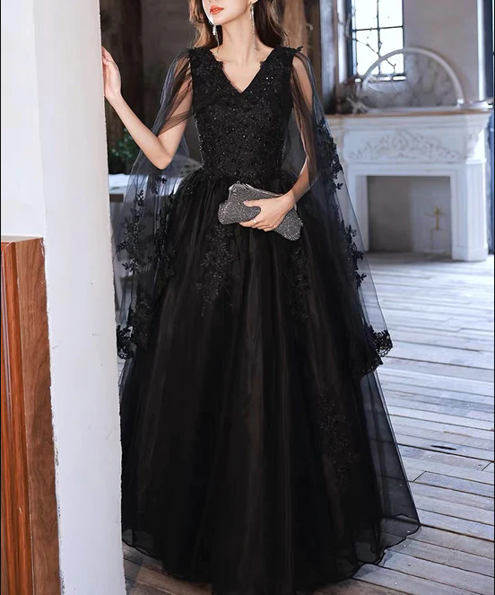 Black V neck Tulle Lace Long Prom Dresses, Elegant Formal Evening Dresses SH840
