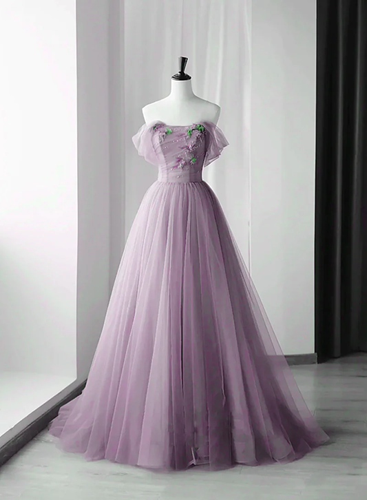 Beautiful Purple Tulle Sweetheart Off Shoulder Long Prom Dress SH637
