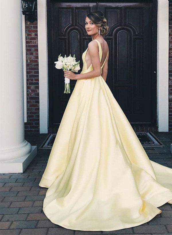 Yellow v neck long prom dress, yellow evening dress KS1990