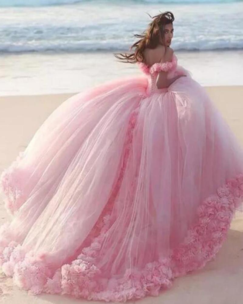 Romantic Poofy Pink Floral Wedding Dresses Off the Shoulder Ball Gown Quinceanera Dress SA933
