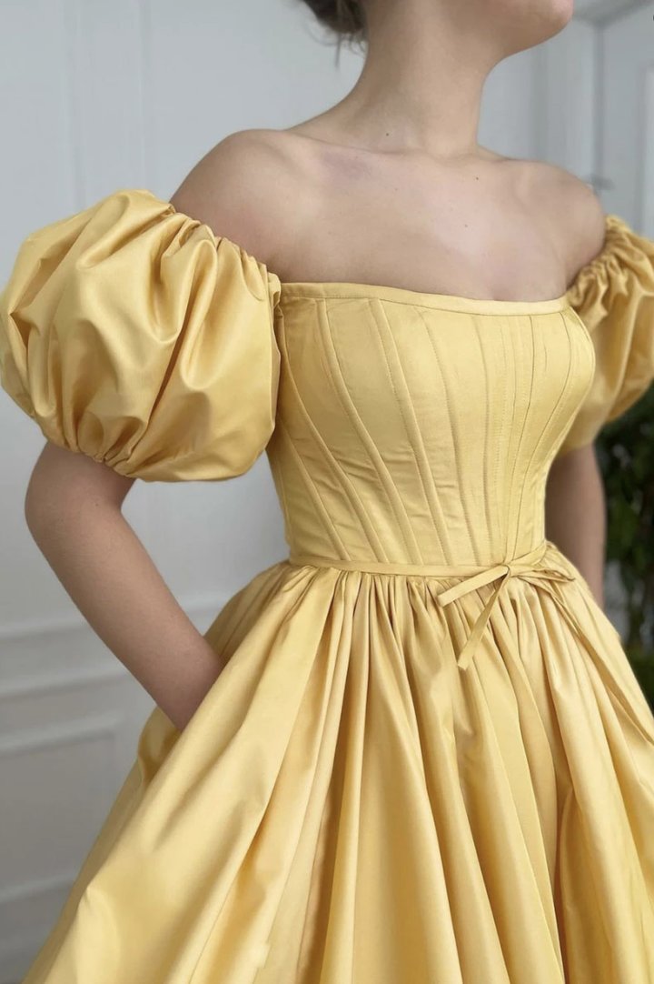 Yellow satin long A line prom dress yellow evening dress SA192