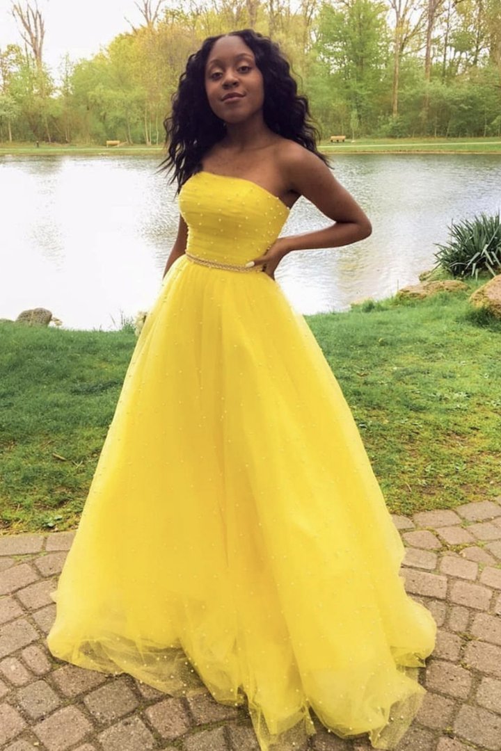 Yellow tulle long A line prom dress yellow evening dress SA186