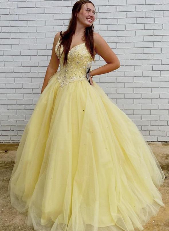 Yellow tulle beads long ball gown dress formal dress KS1416