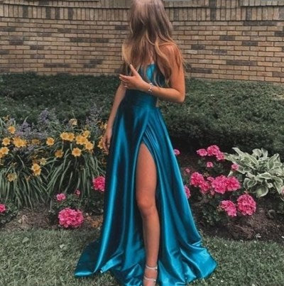 Blue A line satin long prom dress simple evening dress KS1559