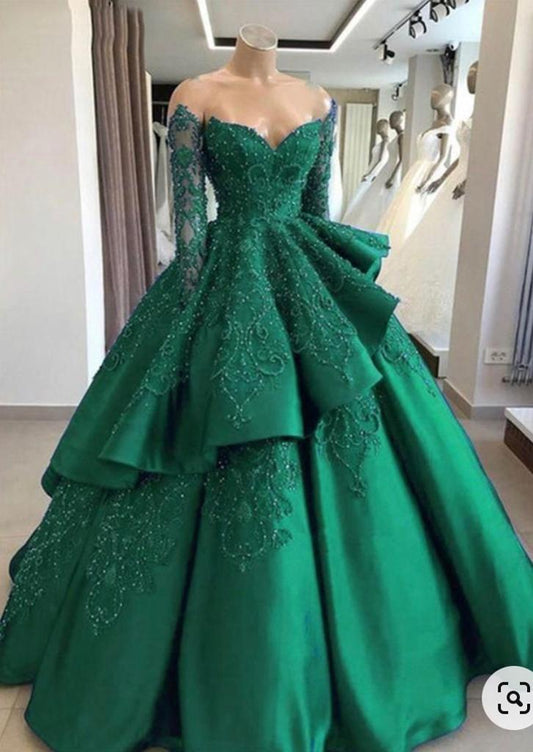 Emerald Green Prom Dresses Long Sleeves Green Ball Gown Prom Dress SA1682