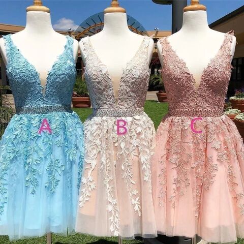 Red Lace Applique Beaded Homecoming Dresses V Neck Tulle Short Prom Dress SA1479