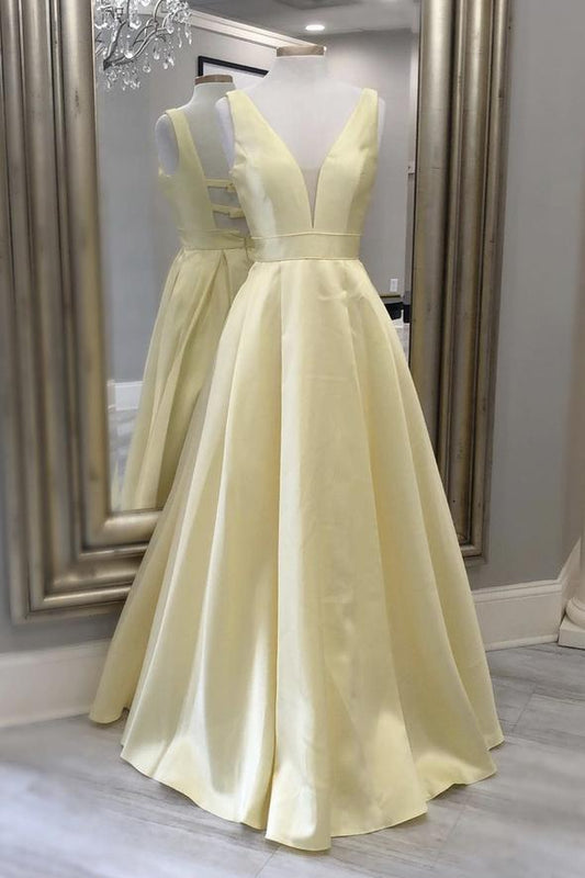 Yellow satin long A line prom dress simple evening dress SA677