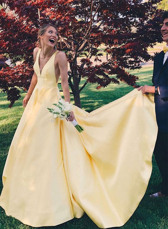 Yellow v neck long prom dress, yellow evening dress KS1990