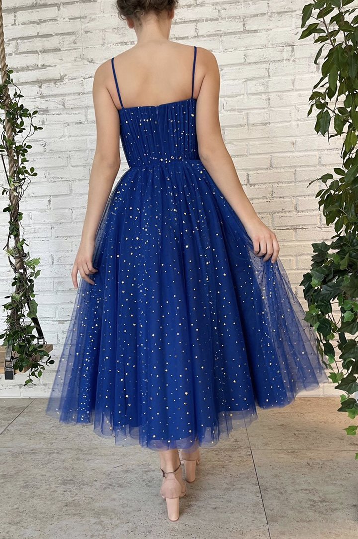 Blue tulle short prom dress A line evening dress SA1051