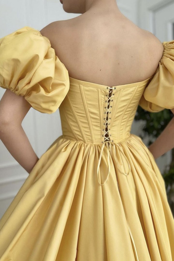 Yellow satin long prom dress yellow evening dress SA1059