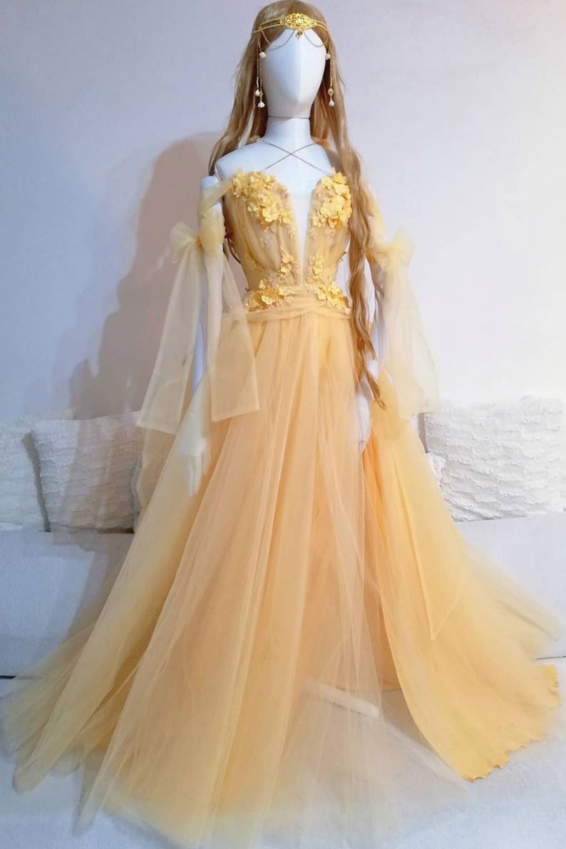 Yellow sweetheart tulle lace long prom dress yellow formal dress 0239
