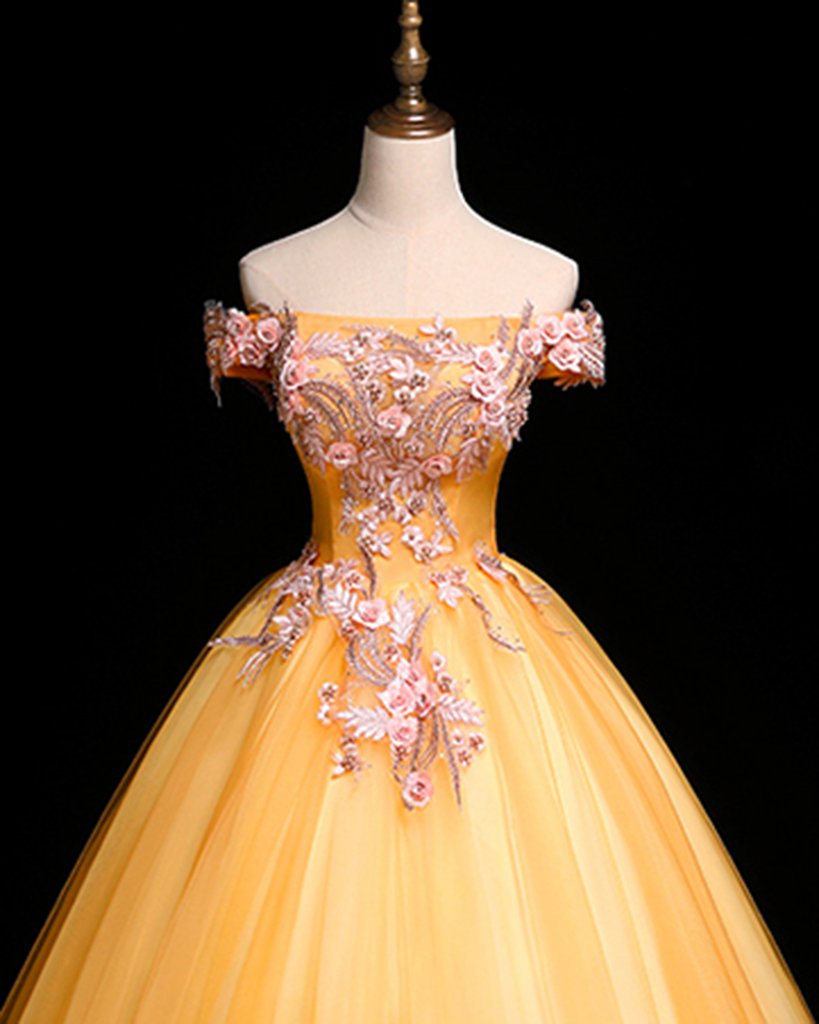 Yellow Tulle Off Shoulder Long Custom Size Senior Prom Dress, Evening Dress KS7637