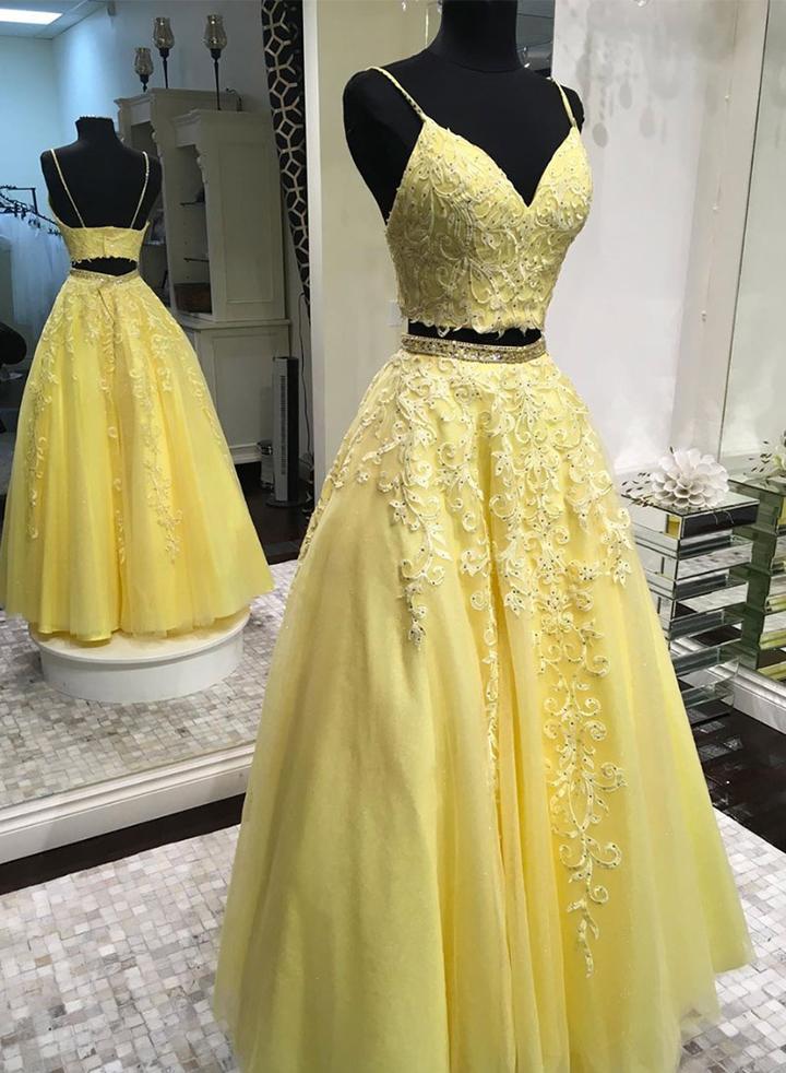 Yellow tulle lace long prom dress two pieces evening dress KS1664