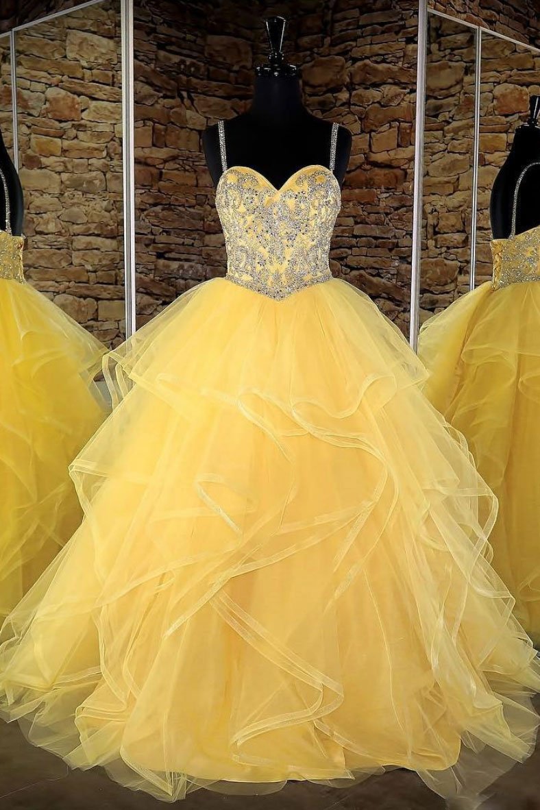 Yellow sweetheart tulle sequin long prom dress, yellow evening dress KS4456