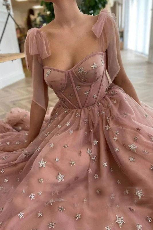 Sparkly Stars Tulle Blush Pink Prom Dresse Shiny Princess Evening Dress With Straps KS8072