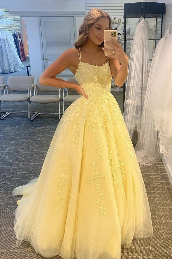 Yellow lace long A line prom dress evening dress SA440