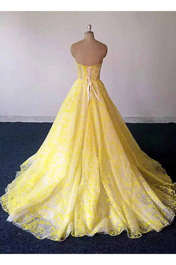 Yellow Lace Sweetheart Long Graduation Dress, A Line Prom Dress For Teens KS8116