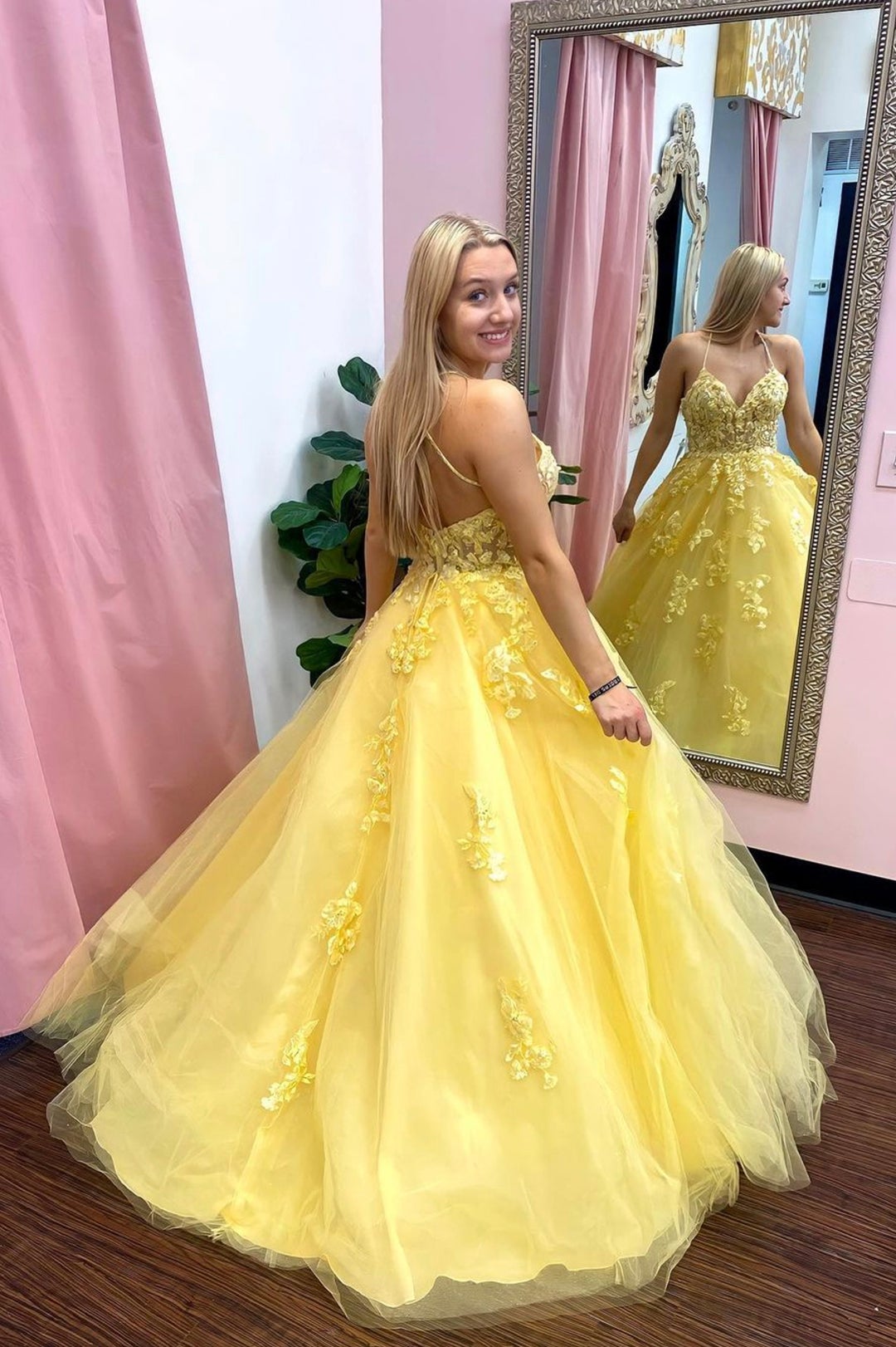 Yellow tulle lace long prom dress A line evening dress SA1411