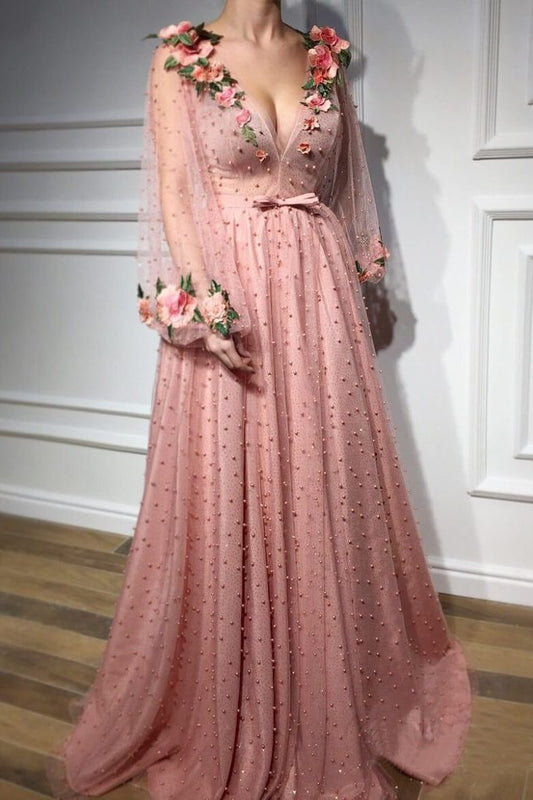 3D Flowers Long Sleeve Pink Prom Dresses Pearl Beaded V Neck Formal Dress KI42