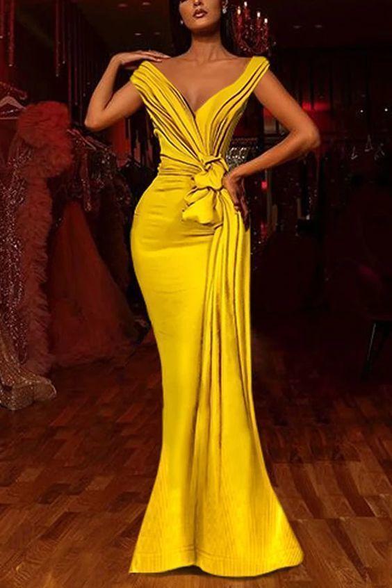 Yellow African Evening Dresses Pleats Knoted Mermaid Prom Gowns V Neck Short Sleeve Ruffles SA622