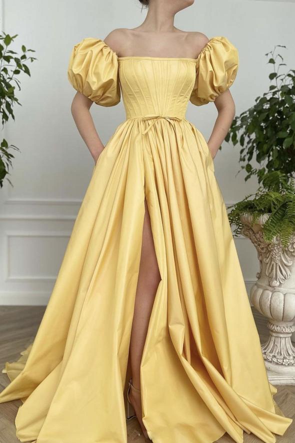 Yellow satin long prom dress yellow evening dress SA1059