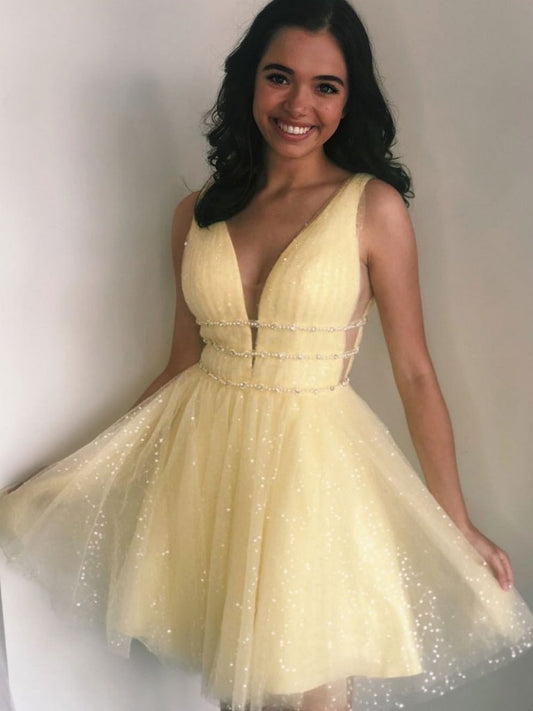 Yellow v neck tulle beads short prom dress yellow homecoming dress KS7068