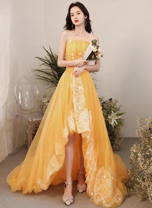 Yellow Unique High Low Tulle with Lace Prom Dress, Yellow Formal Dress Evening Dress KS6238