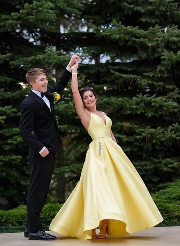 Yellow v neck satin long prom dress, simple evening dress KS1693