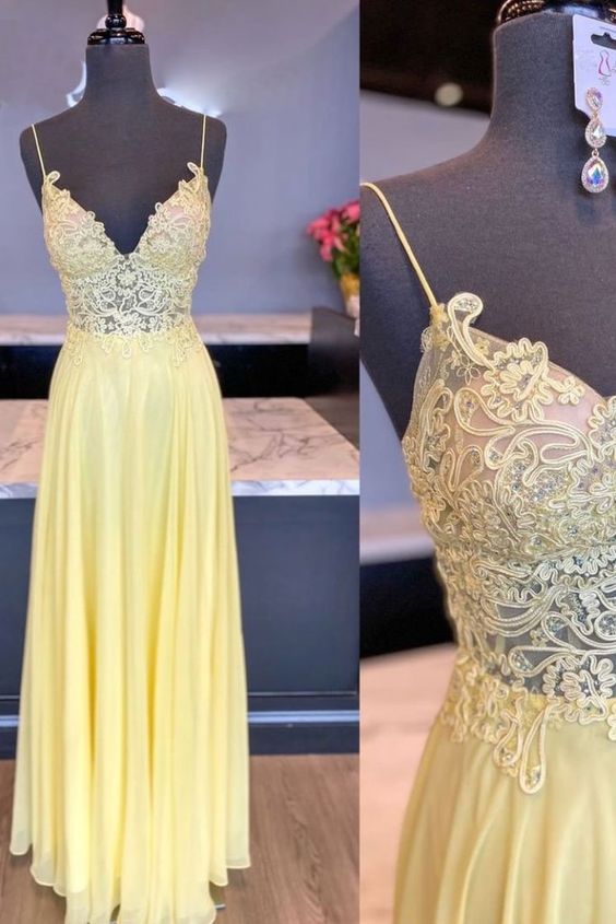Yellow v neck tulle long prom dress B258